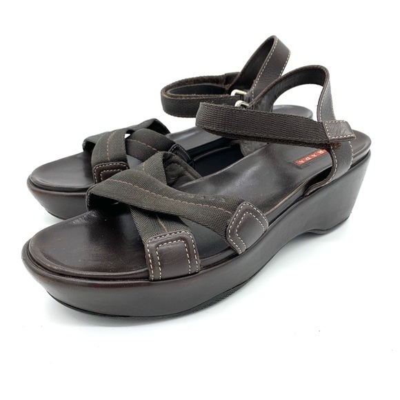 Prada Brown Leather Canvas Platform Sandals - Picture 2 of 11